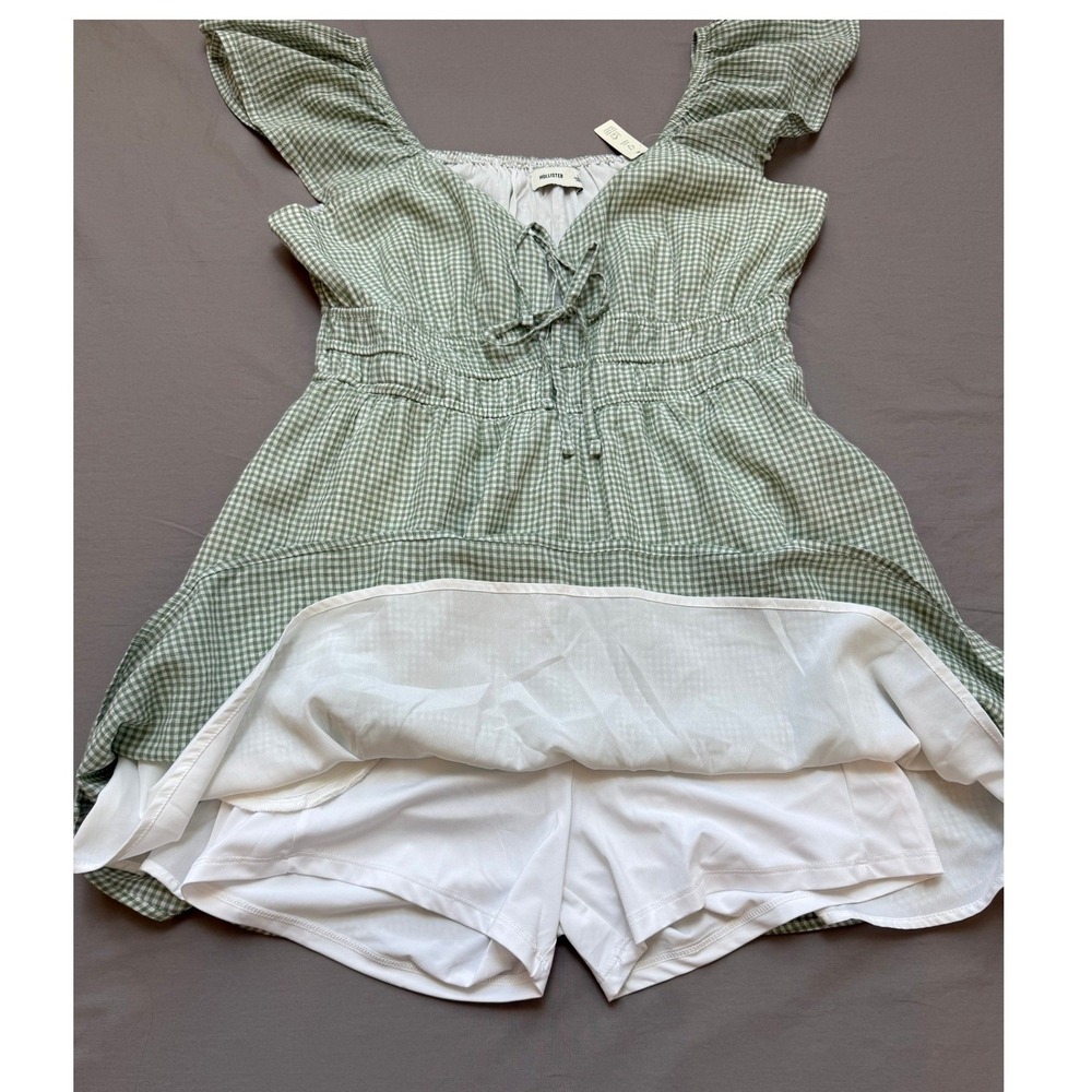 Hollister Sage Green Gingham Ruffle Mini Dress Built-in Shorts L - Picture 6 of 7